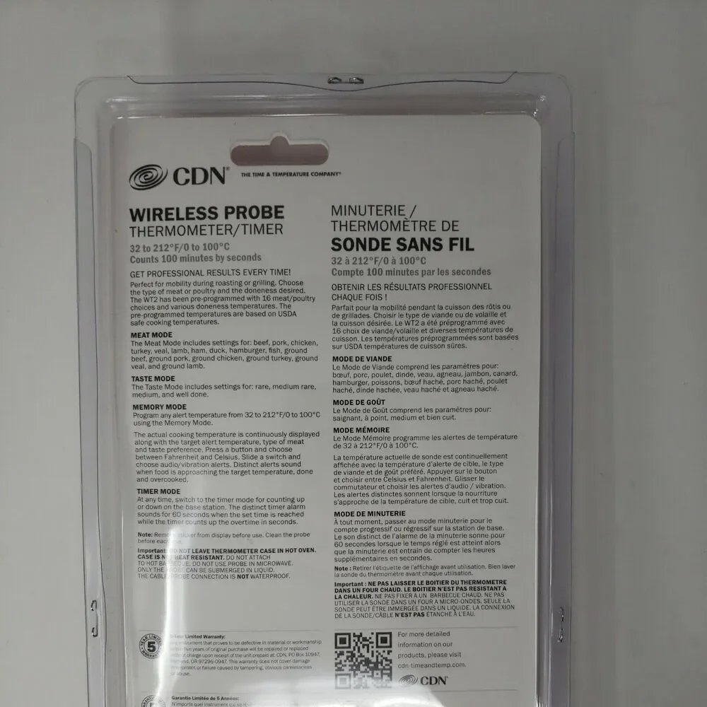 Wireless Probe Thermometer Timer Meat Poultry Roasts NEW Factory Sealed WT2 CDN